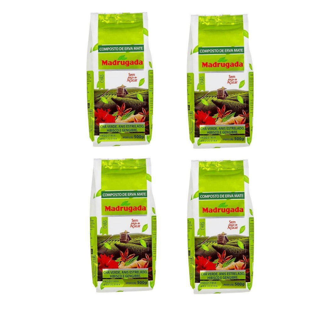 Kit 04 pcts Erva-Mate Madrugada - Chás: Chá Verde, Anis Estrelado, Hibisco e Gengibre - 500g