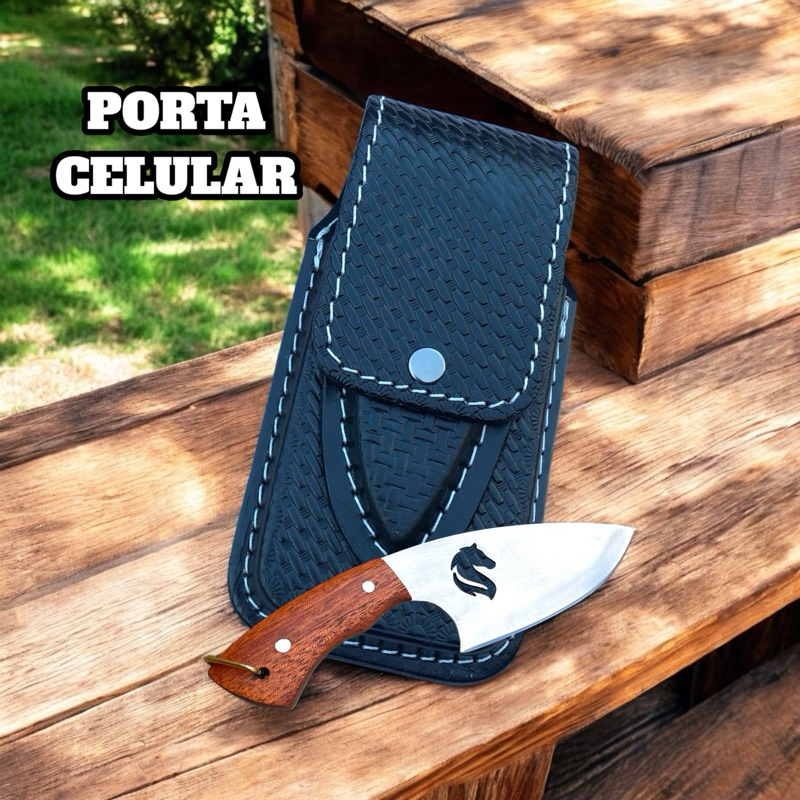 Capa Para Celular Bainha de Couro + Faca Madeira e Inox Estilo Rodeio