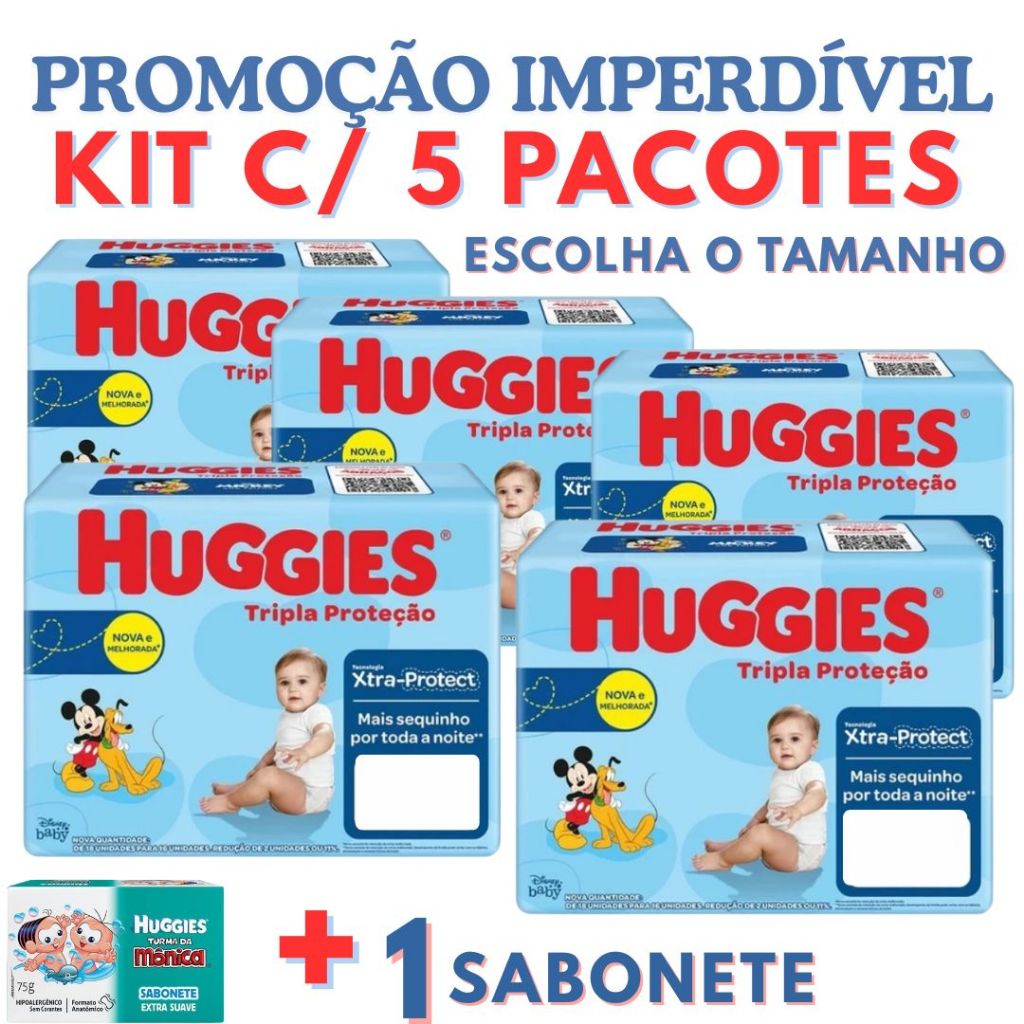 Kit com 5 Pacotes de Fralda descartáveis Huggies Tripla Proteção cha kit RN, P ,M G,XG + S...
