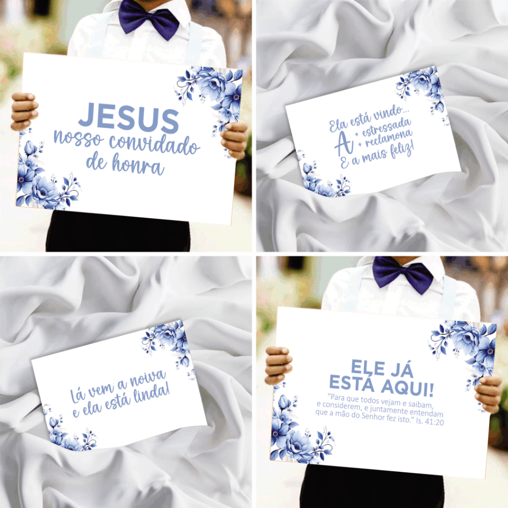 Placa De Casamento Floral Azul - Plaquinha Decorativa Entrada Noiva Noivo Pajem Daminha Cortejo