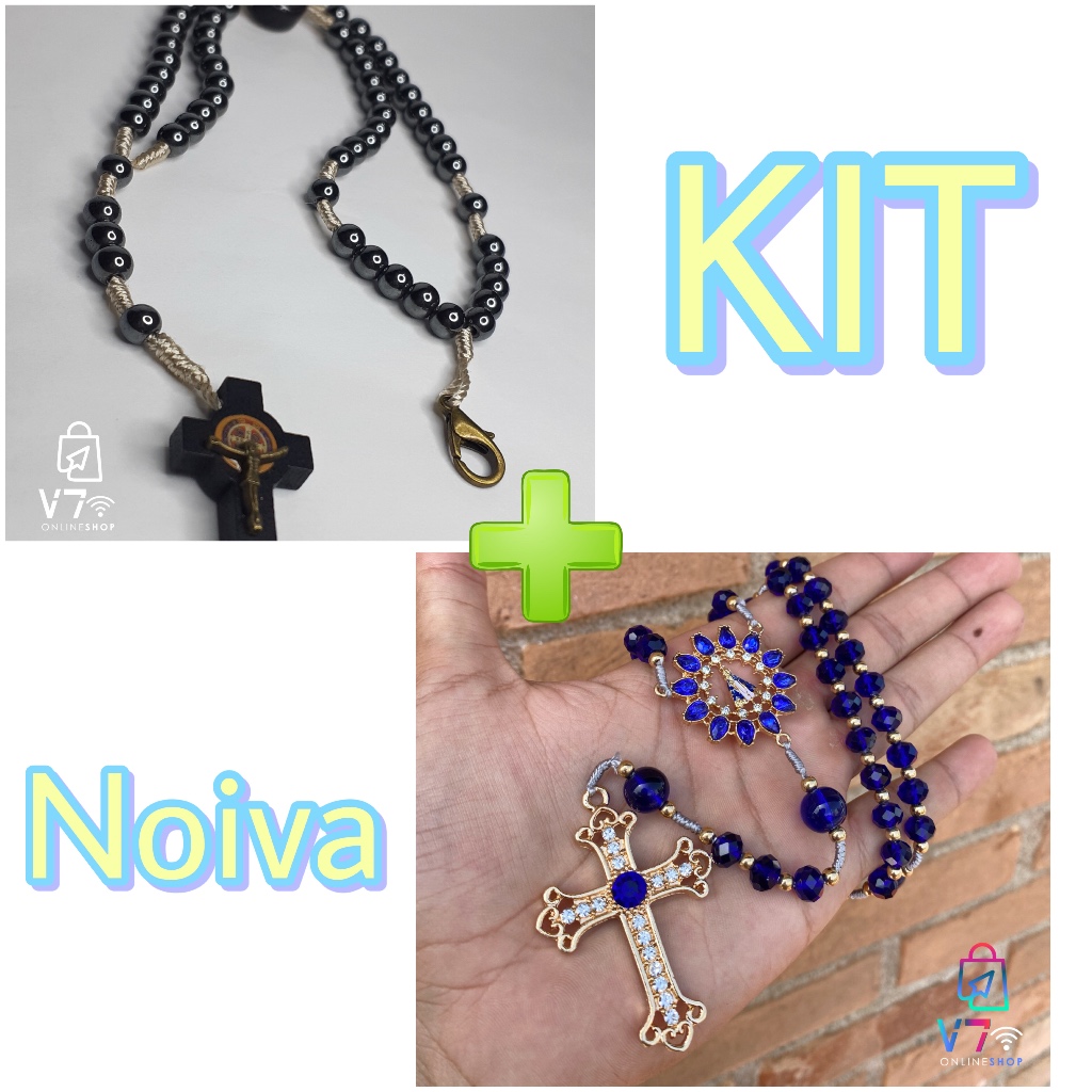 Kit Casamento Noiva Terço De Cristal Azul Nossa Senhora Aparecida com Cruz de Cristal + Terço Pulso Hematita São Bento
