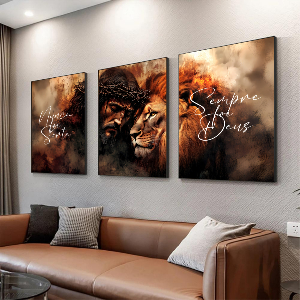 03 Quadros Decorativos Religioso Mosaico Jesus Cristo e Leão Majestoso Nunca foi Sorte Sempre Foi Deus Sala Quarto