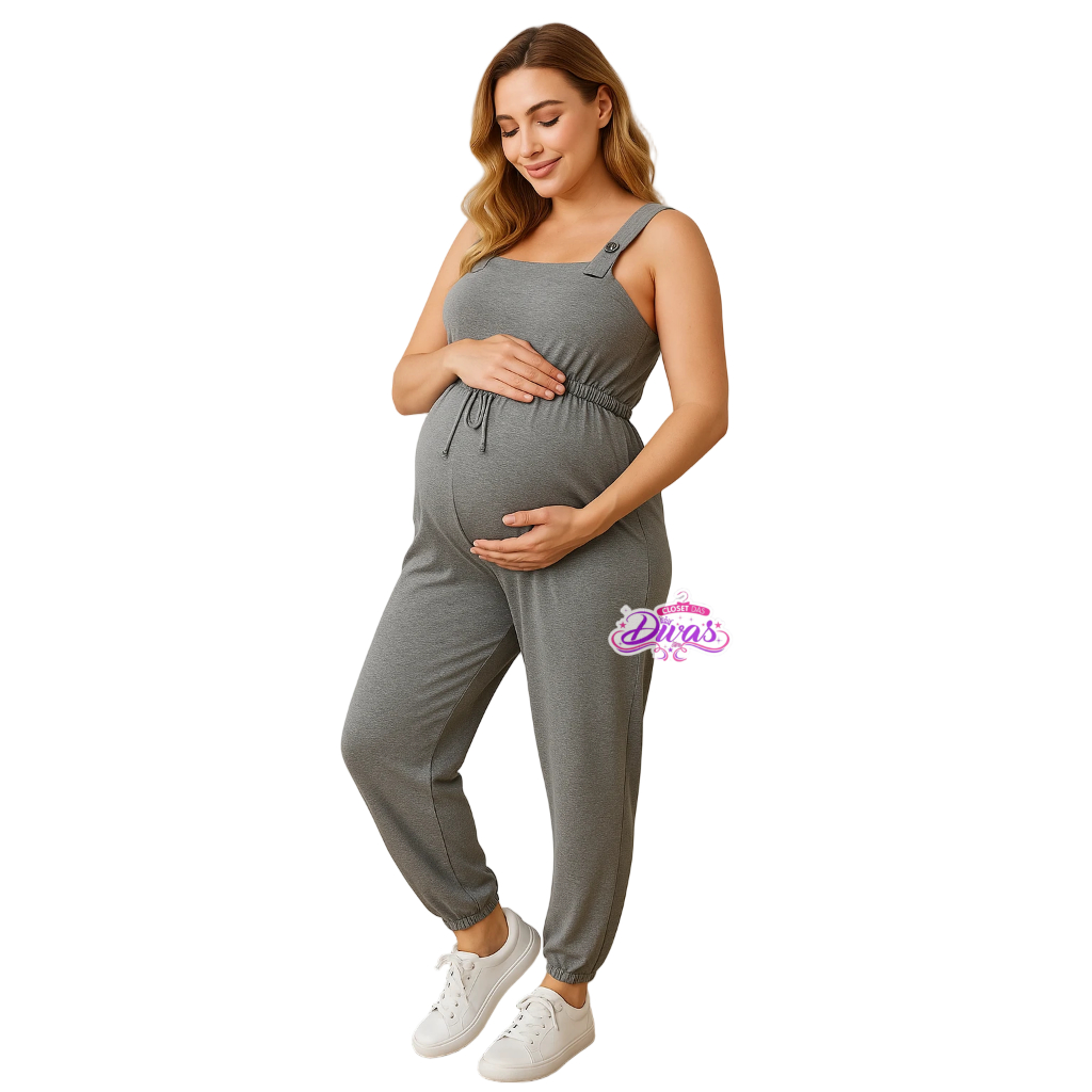 Macacão Gestante Jardineira Longo com Regulagem e Amamentação Conforto Ajustável