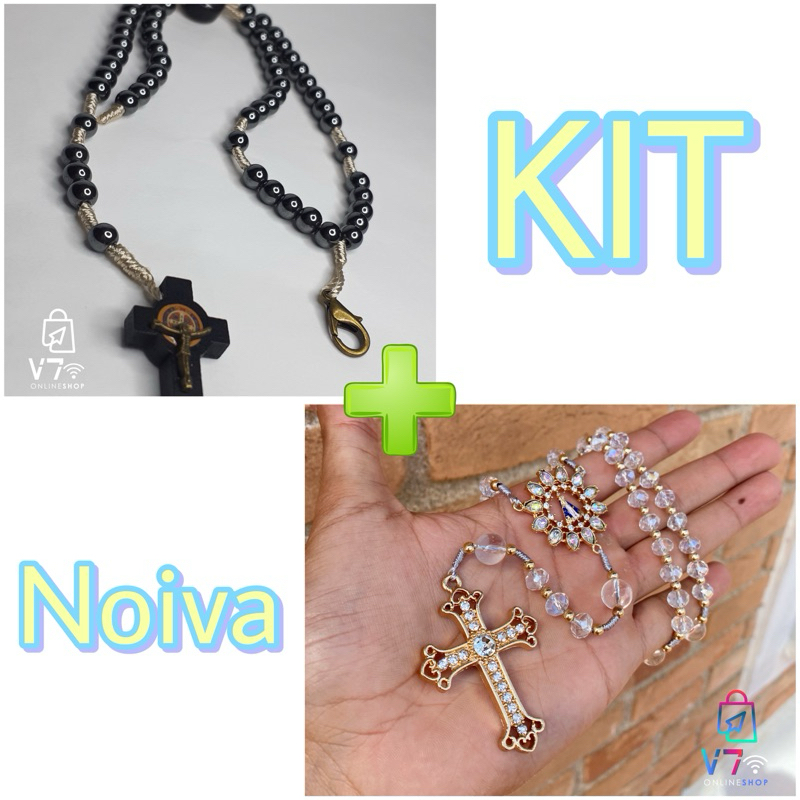 Kit Casamento Noiva Terço De Cristal Nossa Senhora Aparecida com Cruz de Cristal + Terço Pulso Hematita São Bento