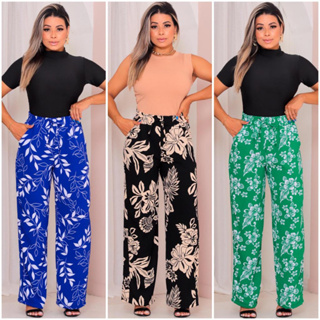 Calça Feminina Pantalona Estampada Floral Cintura Alta Verão em Oferta na Shopee