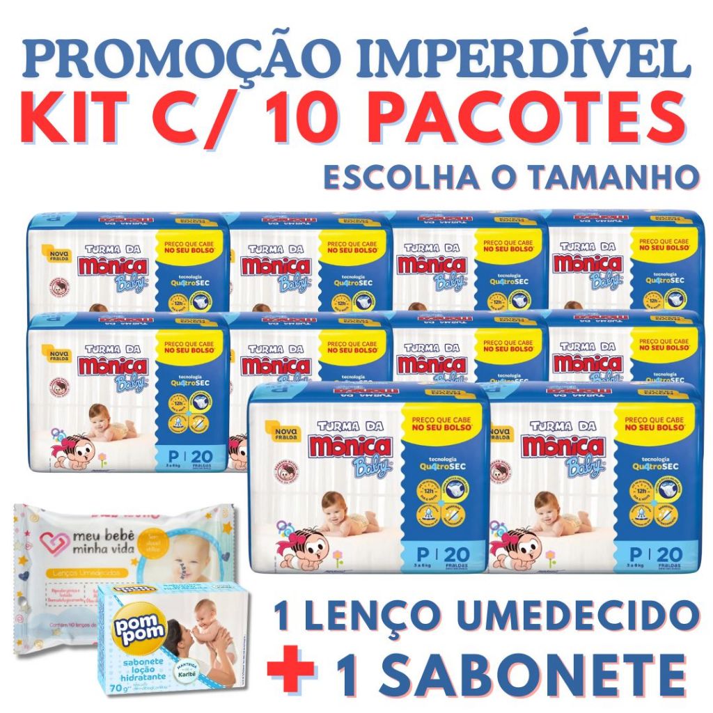 Kit 10 pacote de fralda turma mônica tamanho do RN ao XGG + sabonete + lenço umedecido