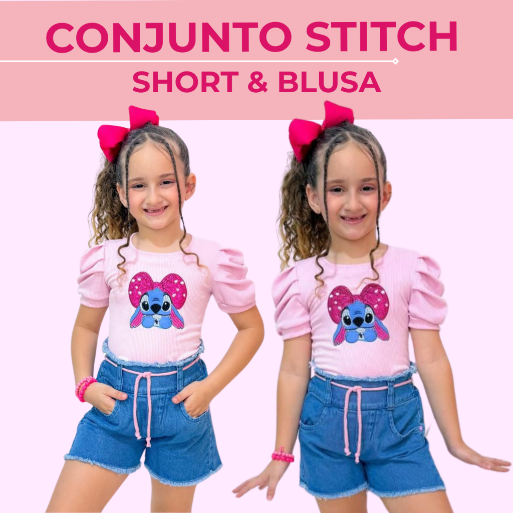 Moda Infantil Conjunto Menina Jeans Short Blusa Stitch Blogueirinha Blogueira Feminino Kit Manga Princesa