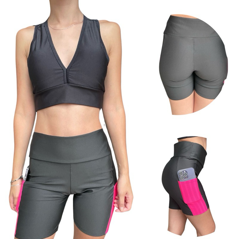 Conjunto Top e Bermuda Fitness Confortavel Academia com Bolsos