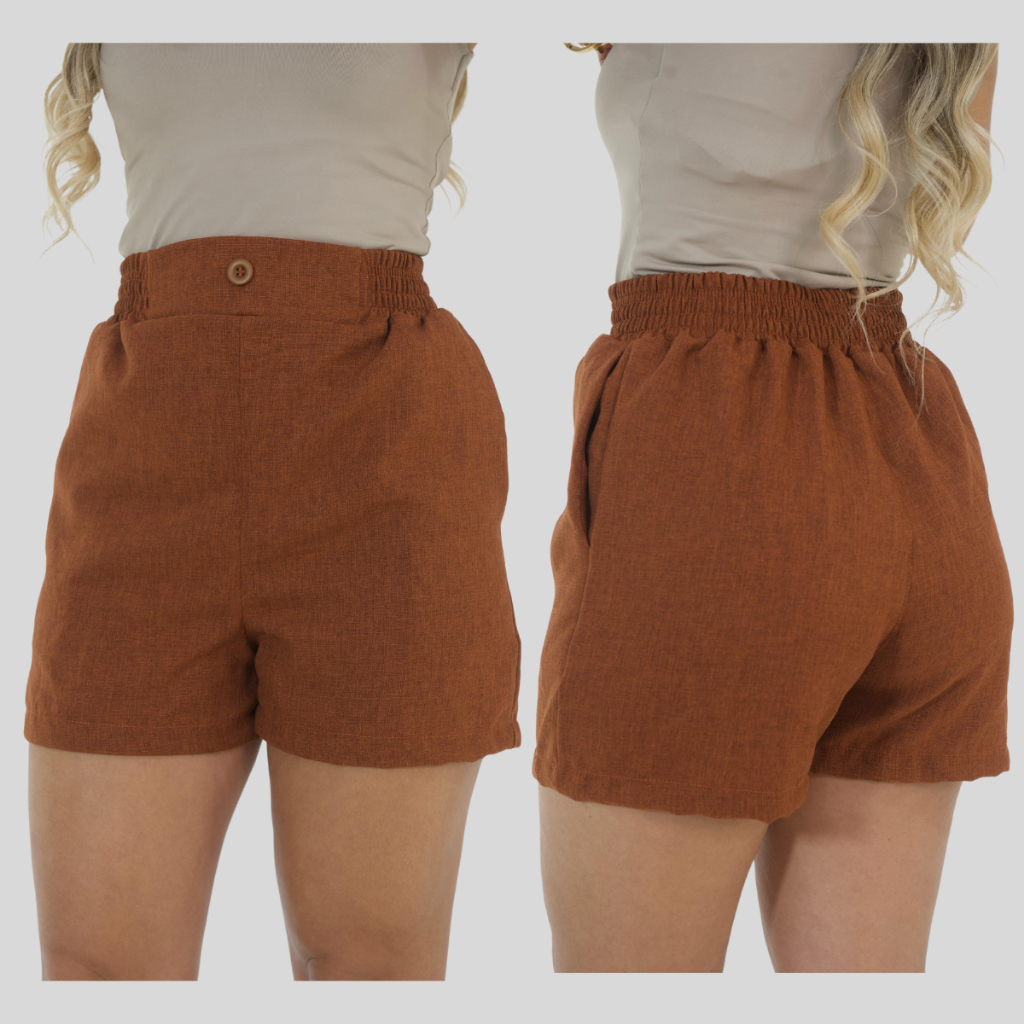 Short Feminino Linho Rústico Cintura Alta Elástico e Botão P ao G1 Promoção