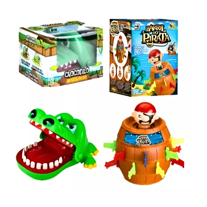 kit 2 Jogos Crocodilo Dentista Morde Dedo Quebra Gelo Barril de Pirata Papa Hipopótamo Pega Varetas Luva Homem Aranha