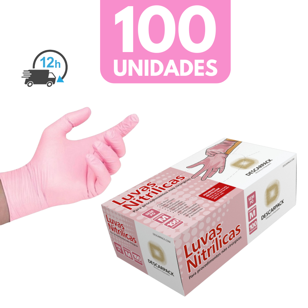 Luva Nitrilica Descartável Rosa Sem Pó 100 Unidades Caixa de Luvas