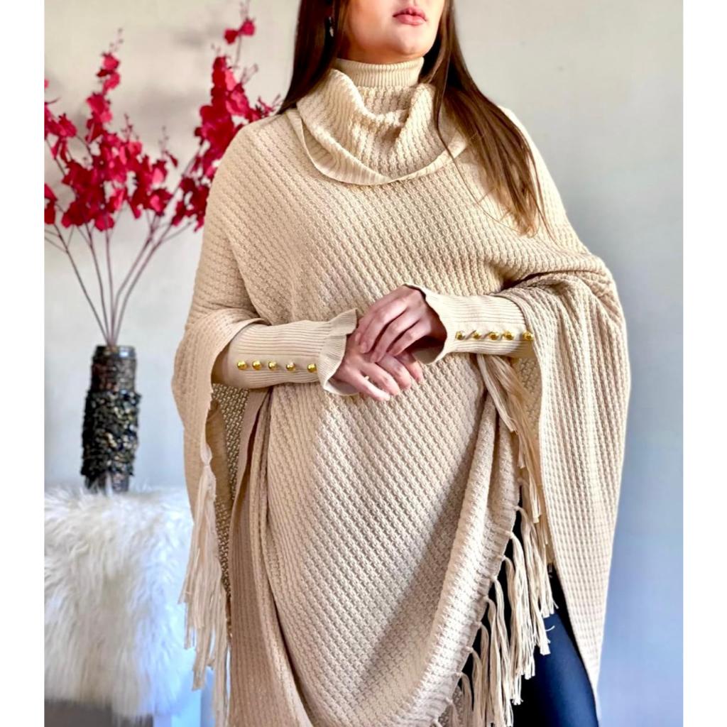 Xale Capa Poncho Blusa Feminina Trico  Sem Manga  Inverno Franjas Tendencia Moda 2026.