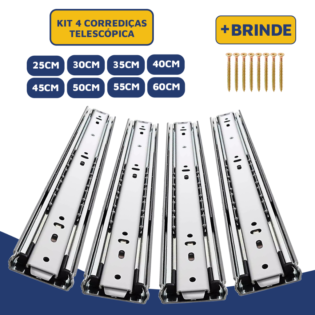 Kit 4 Trilho Corrediças Gaveta Telescópica 30kg - 25cm - 30cm - 35cm - 40cm - 45cm - 50cm - 55cm