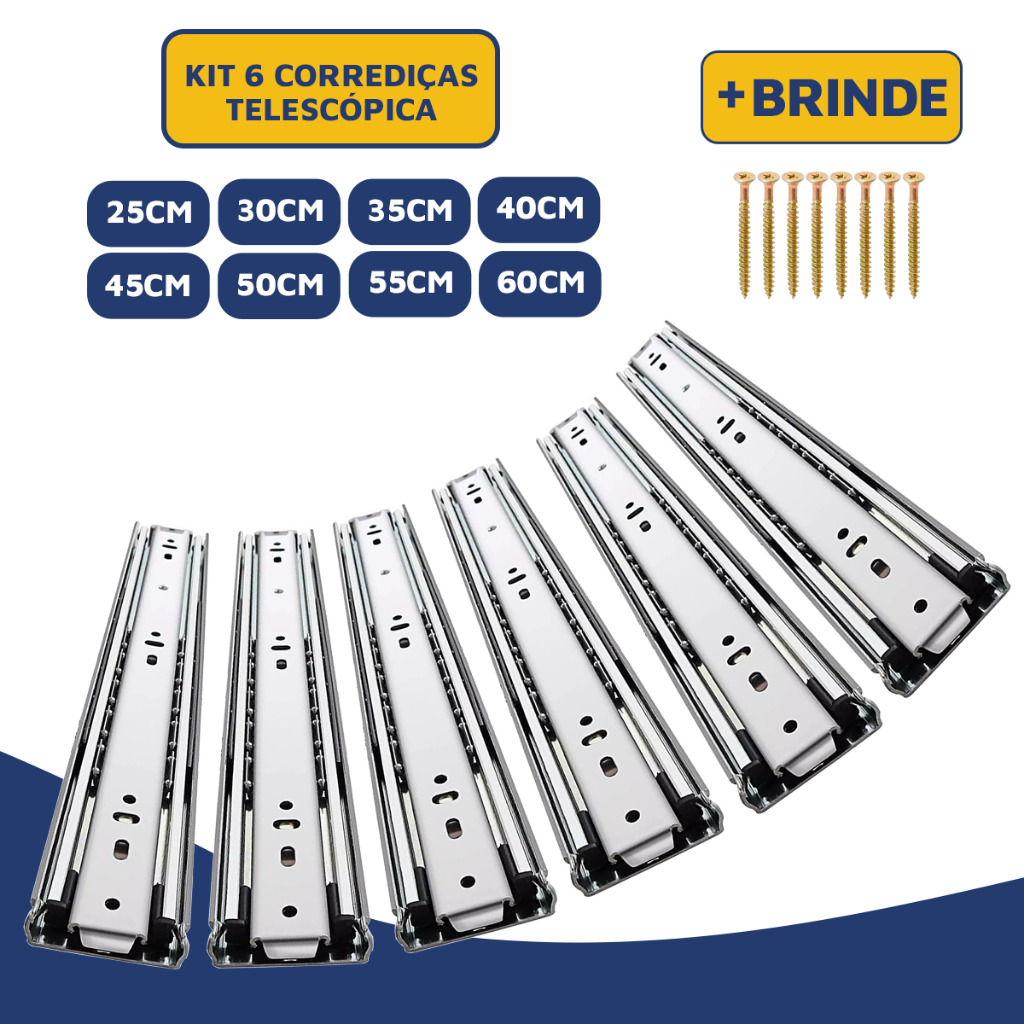 Kit 6 Trilho Corrediças Gaveta Telescópica 30kg - 25cm - 30cm - 35cm - 40cm - 45cm - 50cm - 55cm