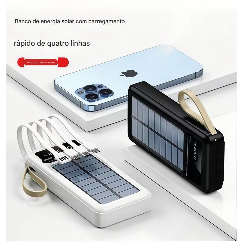 Carregador Portátil Power Bank Solar Bateria 10.000mah Com cabos Universal 5 Em1 LED lanterna