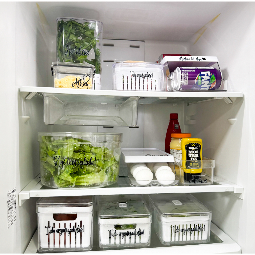 Organizador de geladeira - tudo organizadinho - potes herméticos - seca salada - organizador de latas - porta-ovos