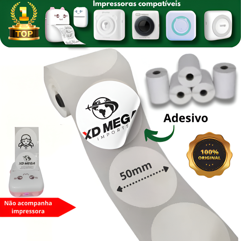 5 Rolo Etiqueta Adesiva Redonda 50x50 para mini impressora portátil gatinho peripage A6 e outras em Oferta na Shopee