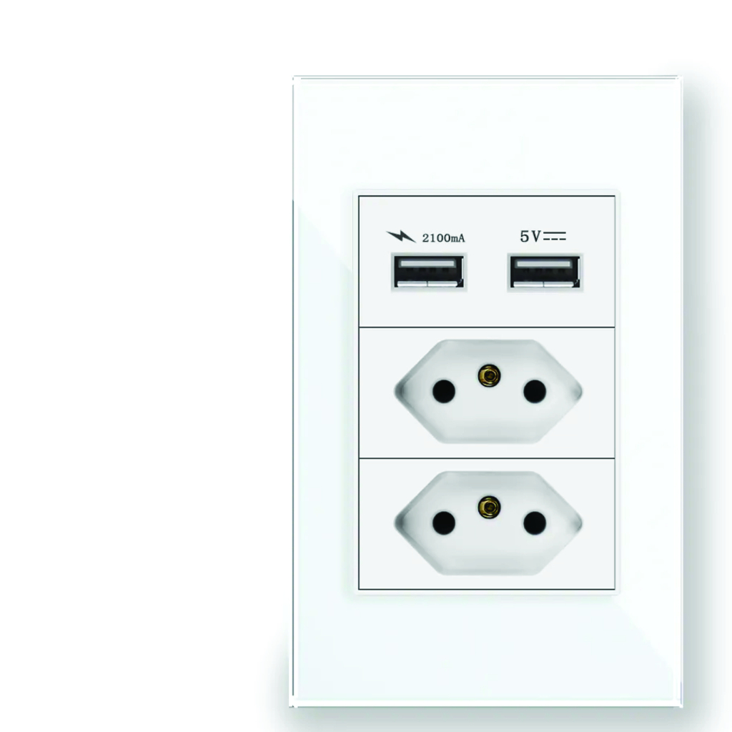 Tomada usb com painel de vidro temperado com dupla porta usb - tomada de luxo com material à prova de fogo
