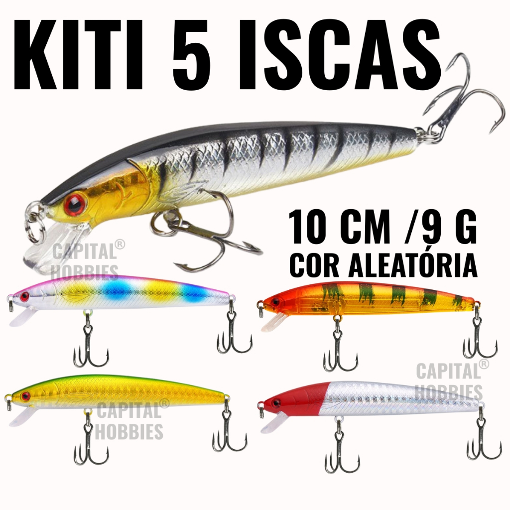Isca artificial meia água realista kit com 5 ou 2 unidades pesca traíra, tucunaré, black bass, trairão, cachorra, aruanã em Oferta na Shopee