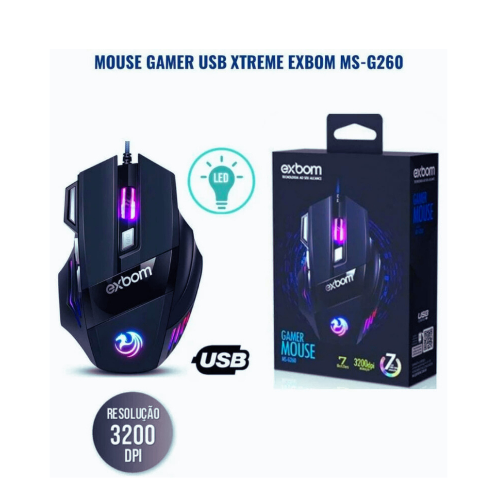 Mouse Gamer Xtreme 7D 3200 DPI LED USB - Exbom MS-G260