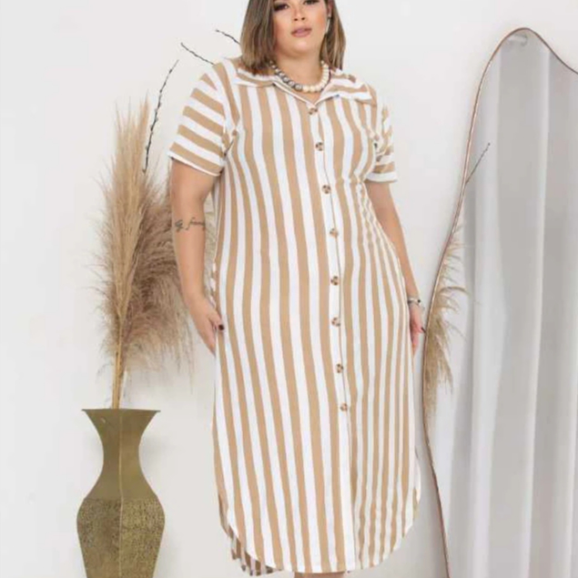 Vestido Feminino GG G1 G2 G3 G4 Chemise Soltinho Manga Curta Verão Chamise Listrado Midi Plus Size