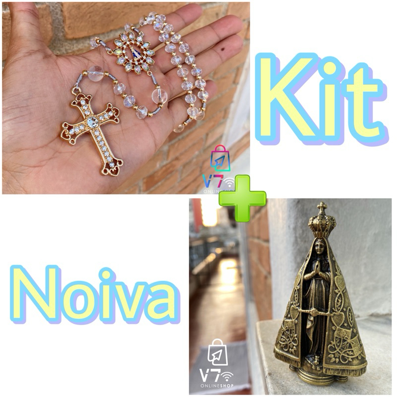 Kit Casamento Noiva Terço De Cristal Nossa Senhora Aparecida com Cruz de Cristal + Imagem Nossa Senhora Bronze Maciça