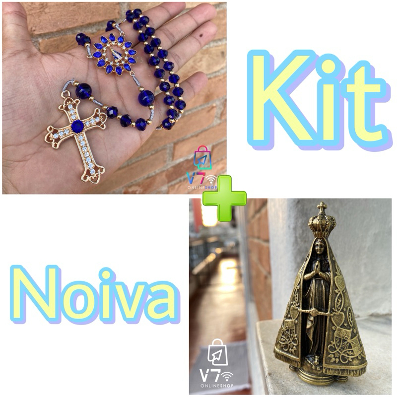 Kit Casamento Noiva Terço De Cristal Azul Nossa Senhora Aparecida com Cruz de Cristal+Imagem Nossa Senhora Bronze Maciça