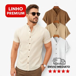 Camisa Social Masculina Manga Curta Gola Padre Linho Luxo em Oferta na Shopee