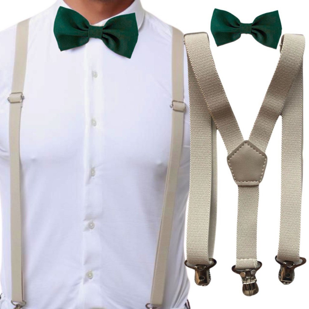 Suspensório Bege Nude Off White E Gravata Borboleta Verde Esmeralda Adulto e Mais Cores Casamento Formatura Festa