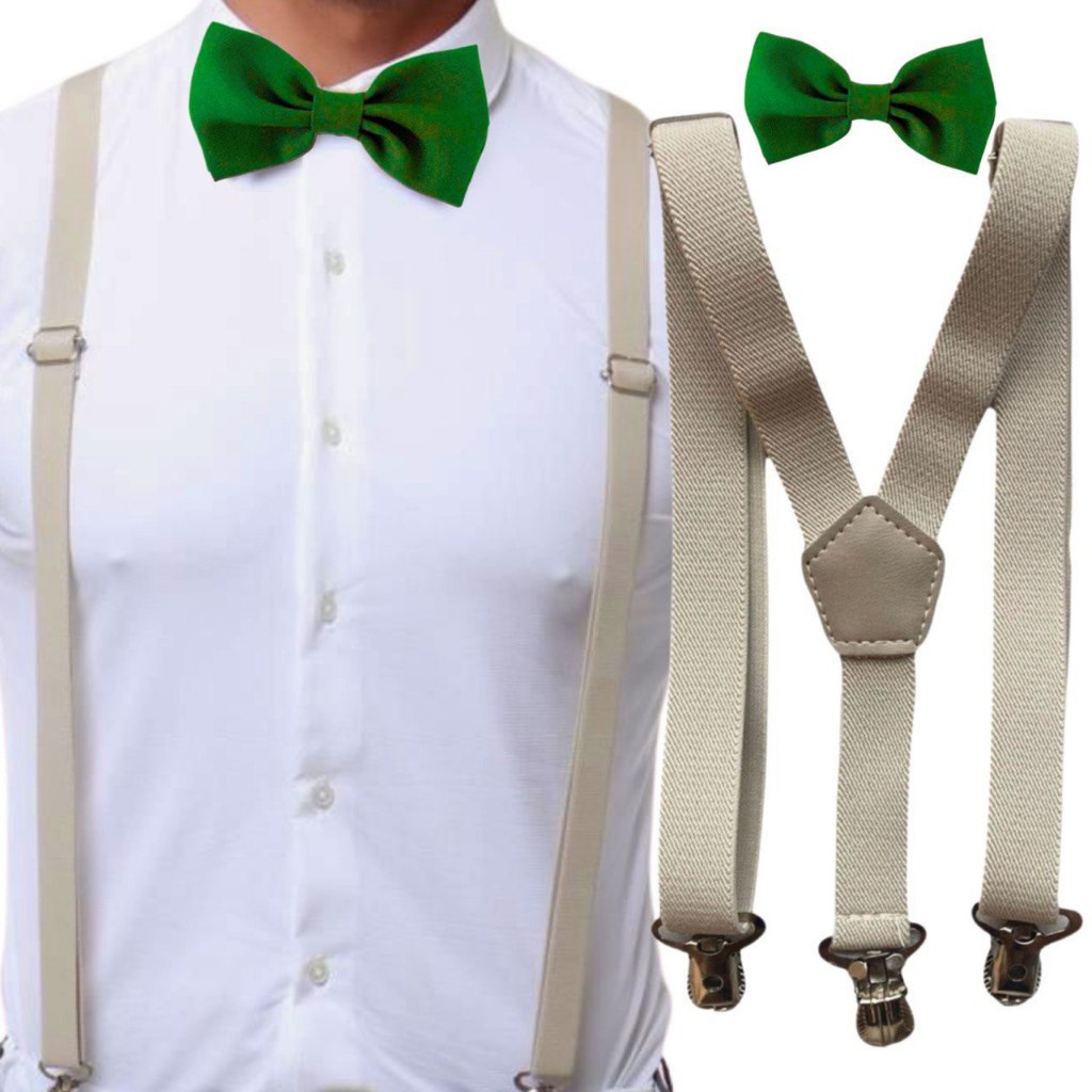 Suspensório Bege Nude OffWhite E Gravata Borboleta Verde Bandeira Adulto e Mais Cores Casamento Formatura Padrinho Festa