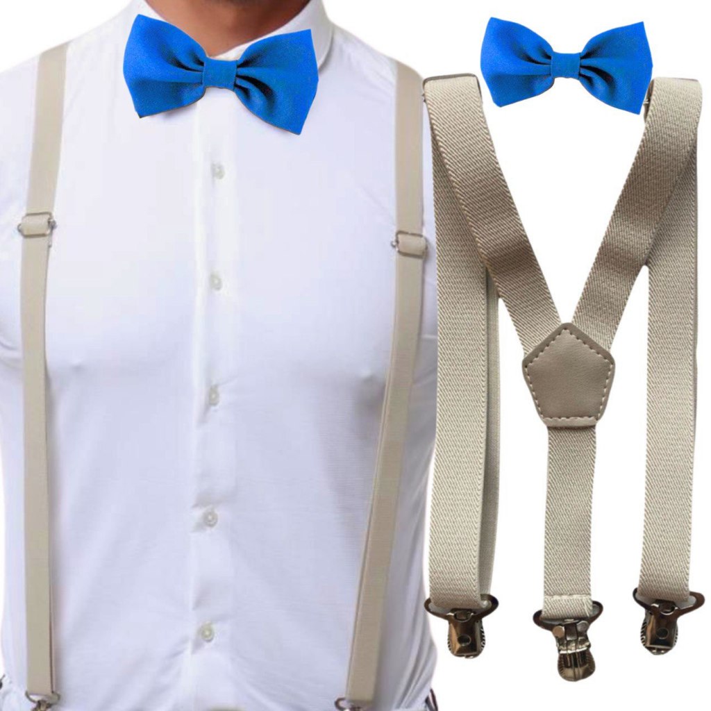 Suspensório Bege Nude Off White E Gravata Borboleta Azul Serenity Adulto e Mais Cores Casamento Formatura Padrinho Festa
