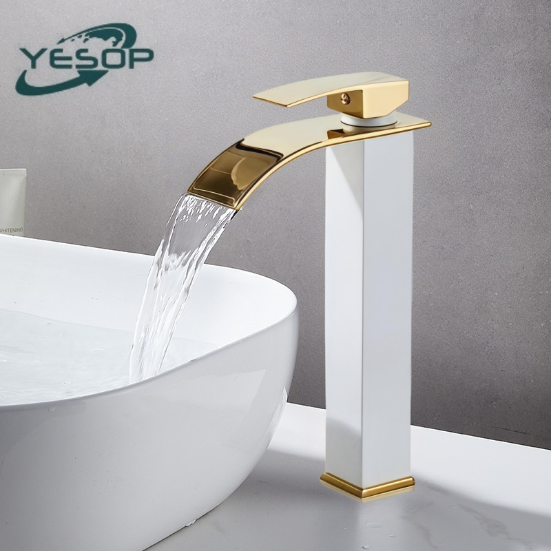 Torneira Monocomando Cascata Baixa para Banheiro Branco Dourado Yesop em Oferta na Shopee