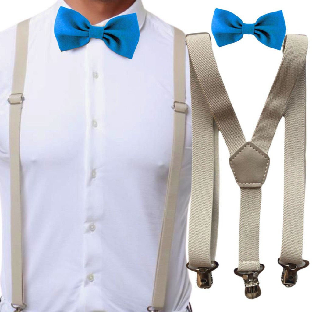 Suspensório Bege Nude Off White E Gravata Borboleta Azul Turquesa Adulto e Mais Cores Casamento Formatura Padrinho Festa