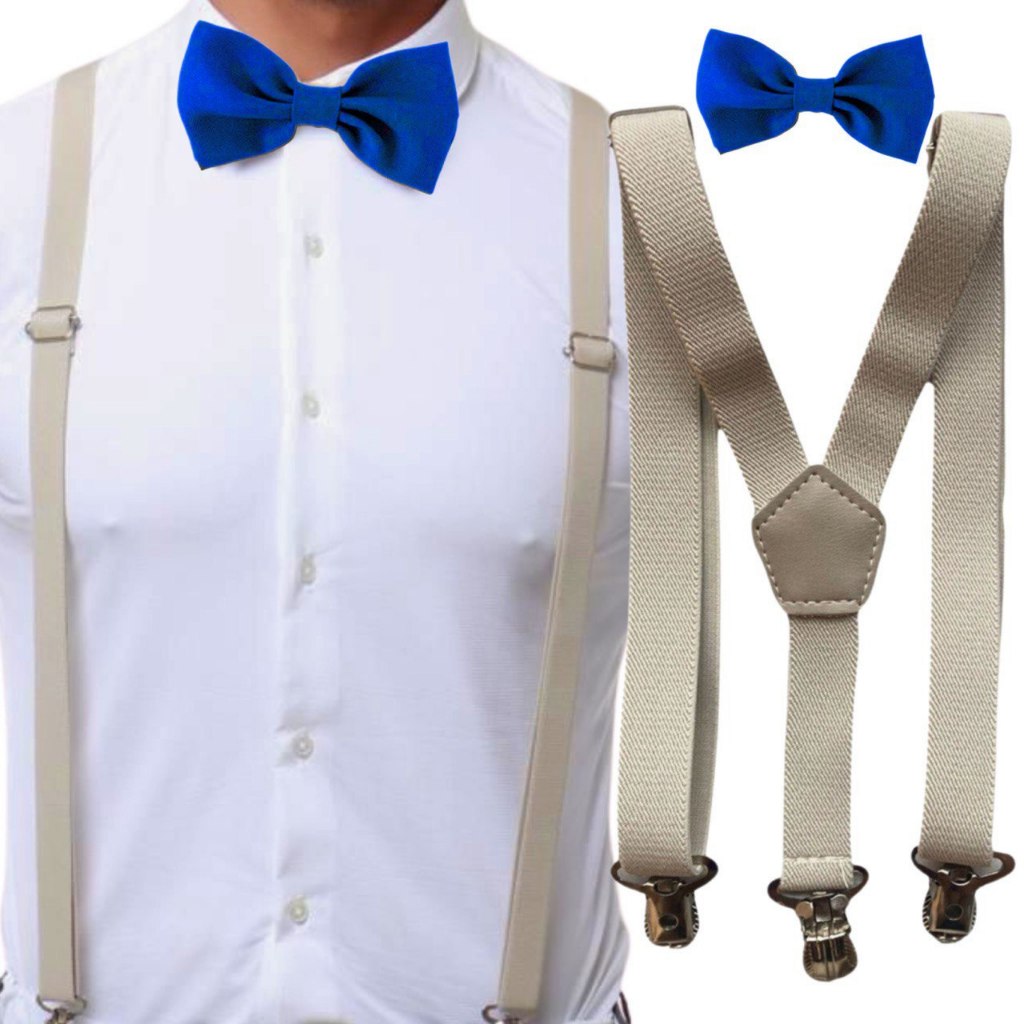 Suspensório Bege Nude Off White E Gravata Borboleta Azul Royal Adulto e Mais Cores Casamento Formatura Padrinho Festa