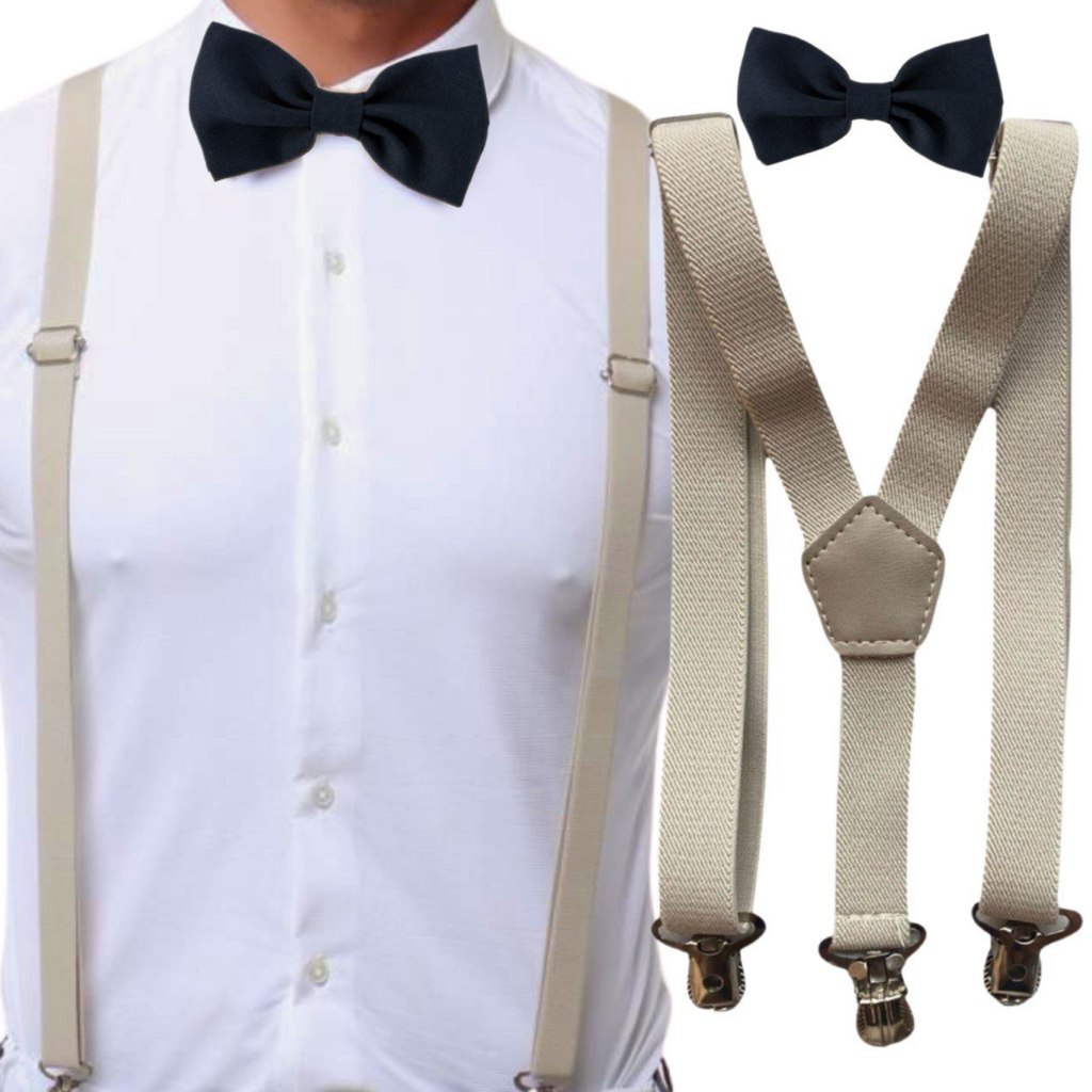 Suspensório Bege Nude Off White E Gravata Borboleta Preta Adulto e Mais Cores Casamento Formatura Padrinho Festa