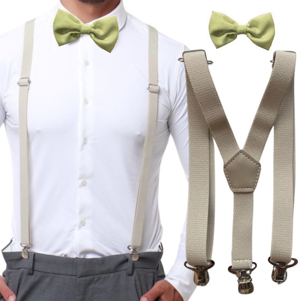 Suspensório Bege Nude Off White E Gravata Borboleta Verde Menta Pistache Adulto e Mais Cores Casamento Formatura Festa