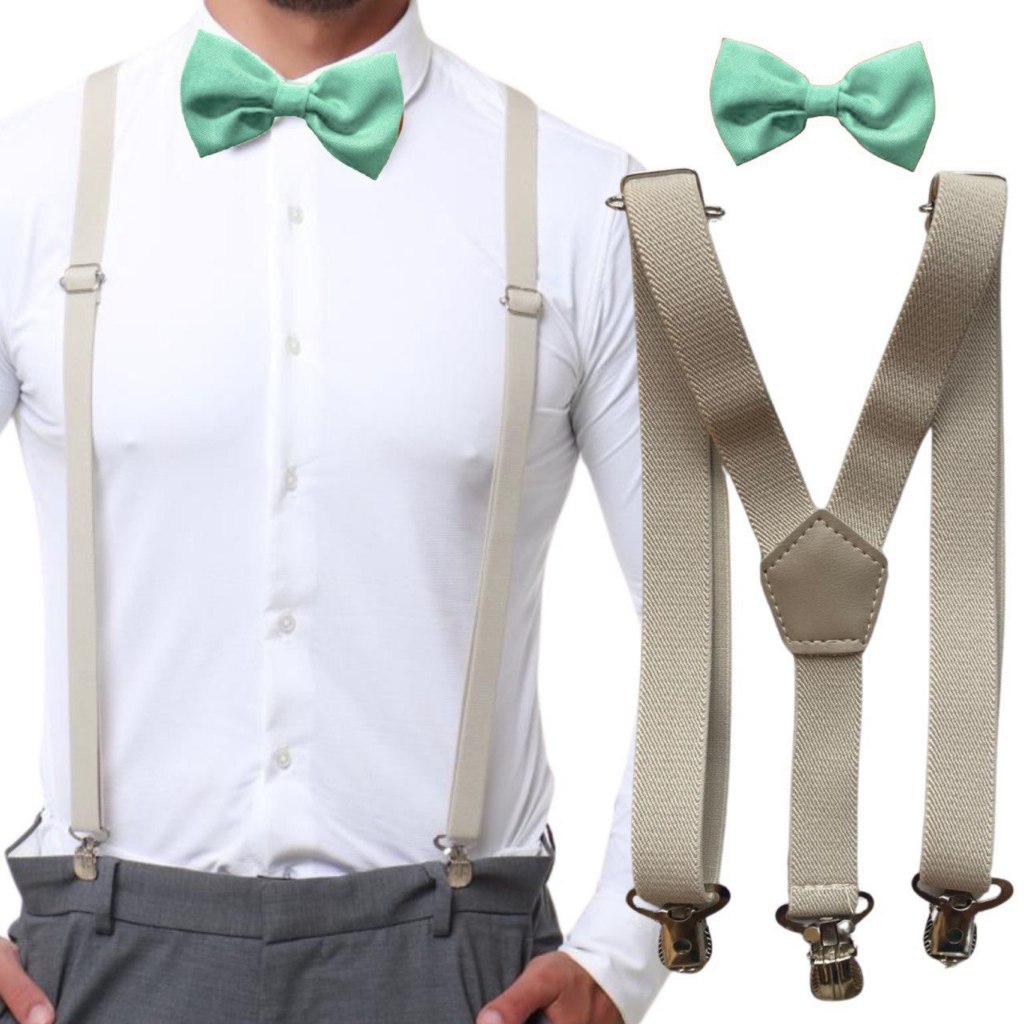 Suspensório Bege Nude Off White E Gravata Borboleta Verde Água Adulto e Mais Cores Casamento Formatura Padrinho Festa