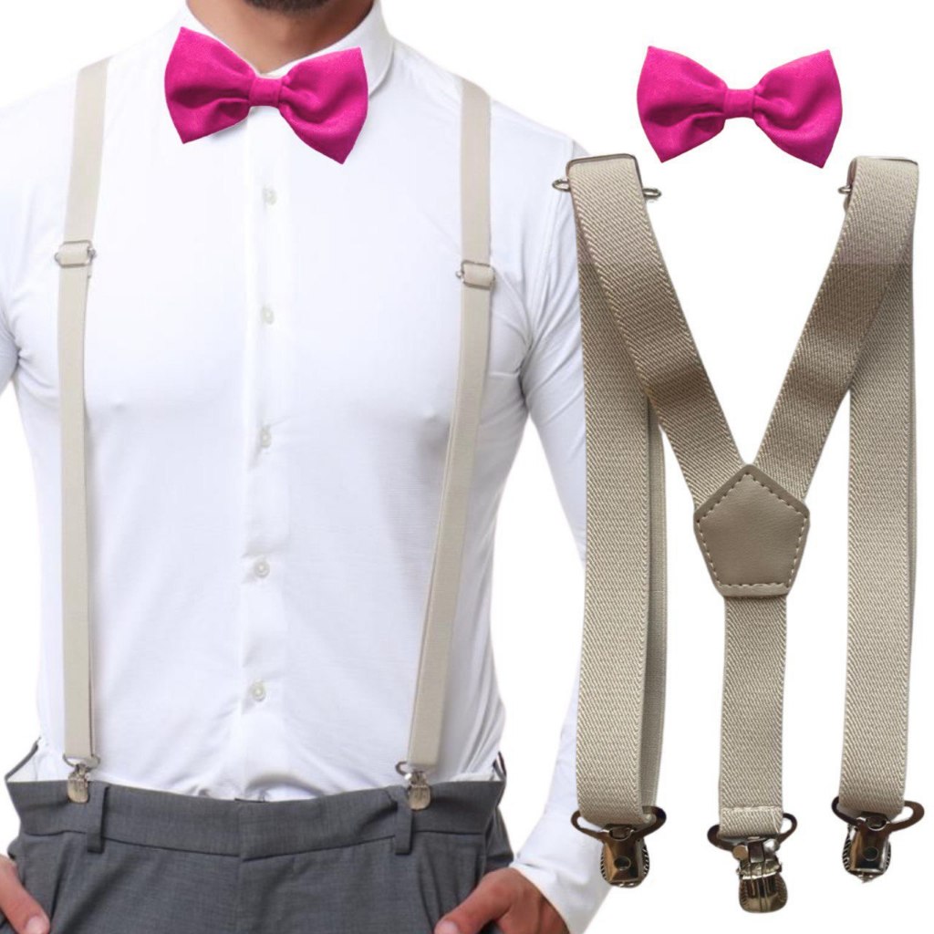Suspensório Bege Nude Off White E Gravata Borboleta Rosa Fucsia Adulto e Mais Cores Casamento Formatura Padrinho Festa