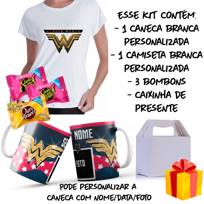 KIT BOMBONS CANECA PERSONALIZADA E CAMISETA UNISSEX BABY LOOK PLUS SIZE MULHER MARAVILHA