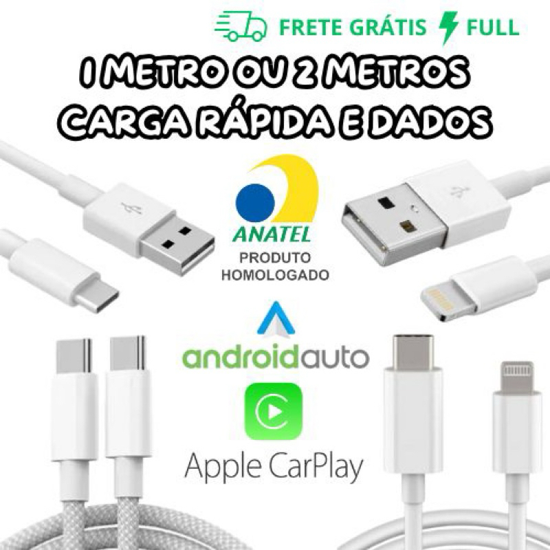 CABO COMPATÍVEL COM APPLE CARPLAY/ANDROID AUTO–TRANSMISSÃO DE DADOS-LIGHTINING E TIPO-C-TODOS MODELO