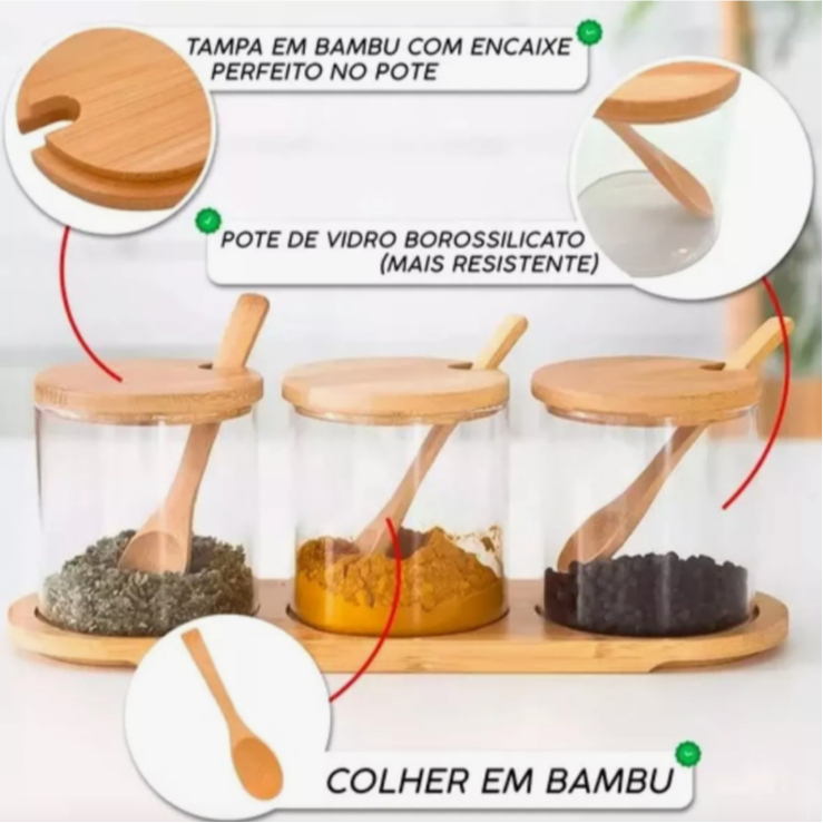 kit3 Potes REDONDOS de Vidro Armazenamento de alimentos com Colher Tampa Suporte Bambu 300...