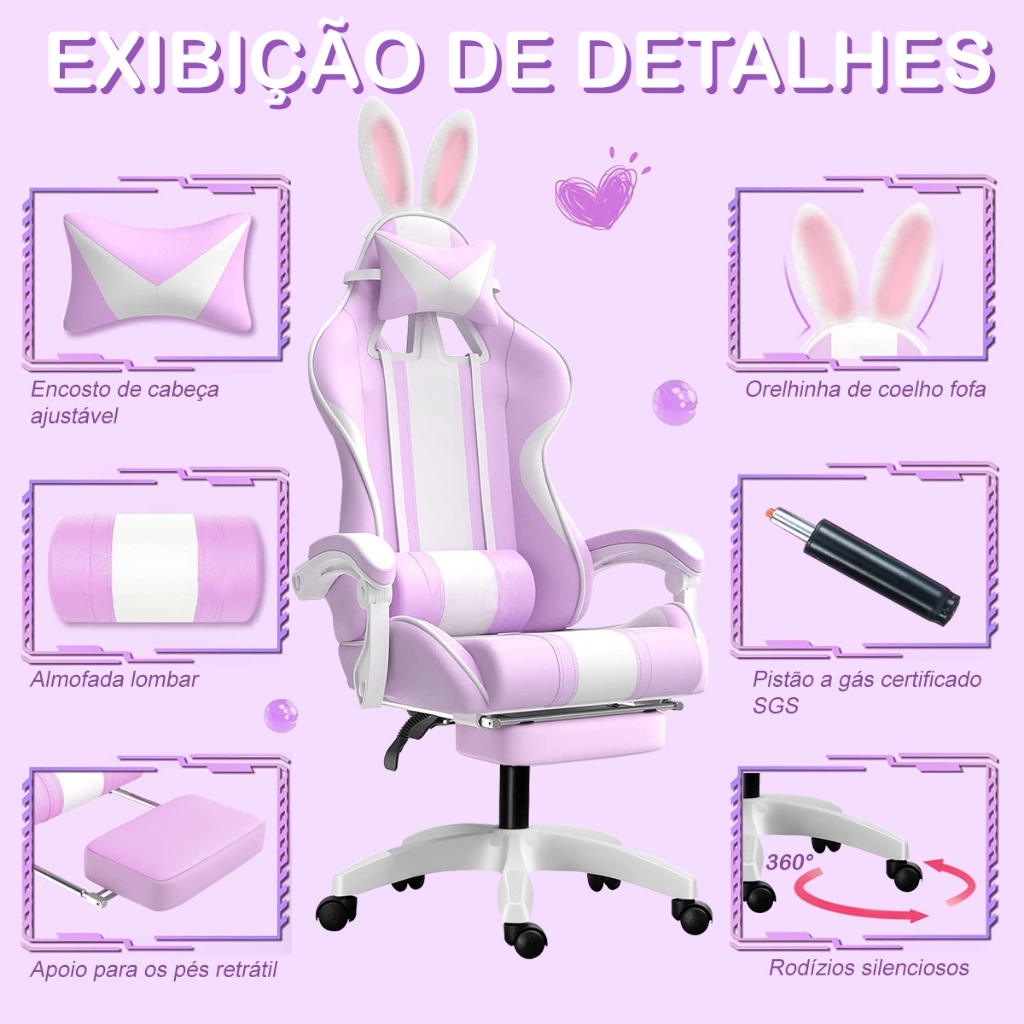 Cadeira Gamer Roxa com Almofadas Cervical/Lombar - Conforto Ergonômico, Reclinável 120°, Braço 1D, Suporta 150kg, Tecido em Oferta na Shopee
