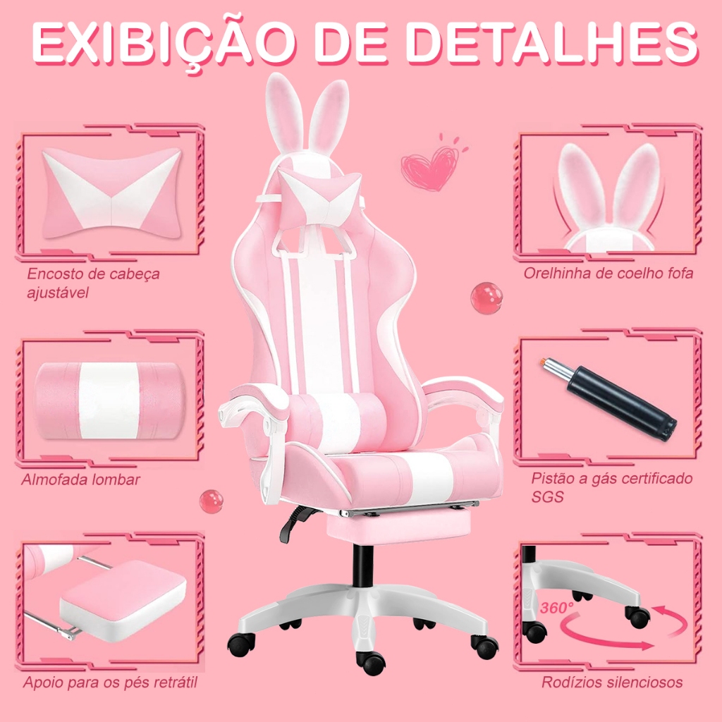 Imagem Cadeira Gamer Reclinável Ergonômica Base Giratória Cadeira Gamer Reclinável Ergonômica Base Giratória cor ：Rosa