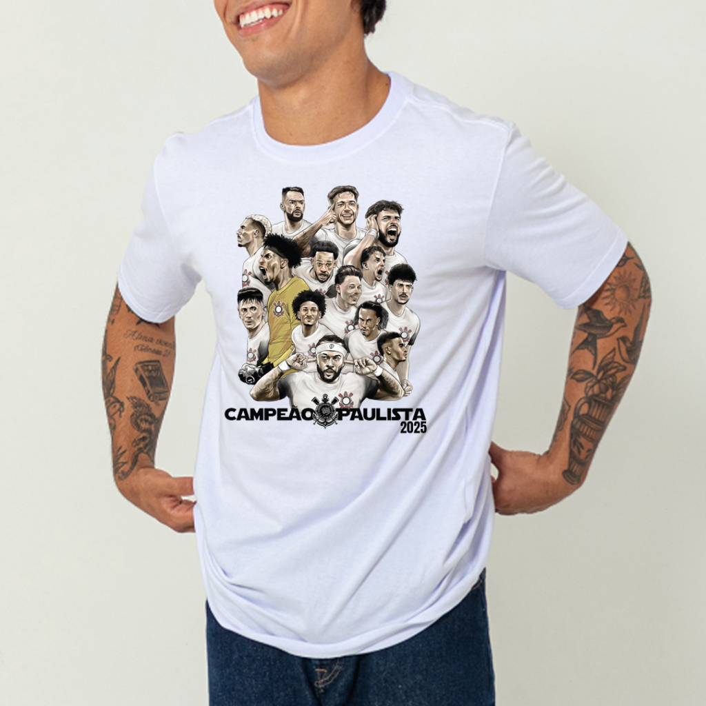 Camiseta Corinthians Torcedor Masculina Algodão Estampada Campeão Paulista Básica P ao GG Camisa