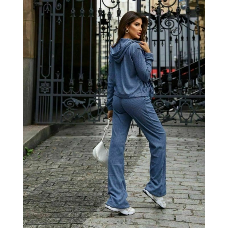 Conjunto Em Lanzinha Rib Elegante Com Zíper Capuz Calça Pantalona Casual Elegante Despojado Atemporal Outono Inverno