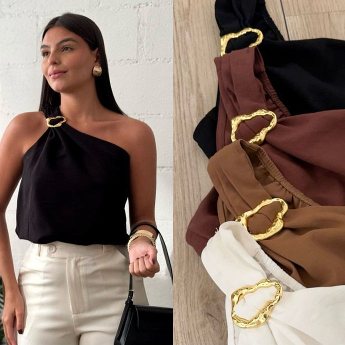 Blusa Feminina Duna Premium Decote de Um Obro Só Manga Mula Manca Com Fivela Dourada Elegante Casual , Básica Verão.