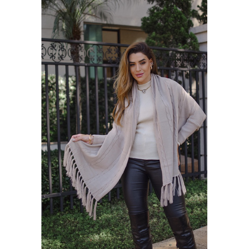Xale Capa Poncho Feminino Inverno Tricot Echarpe Com Manga