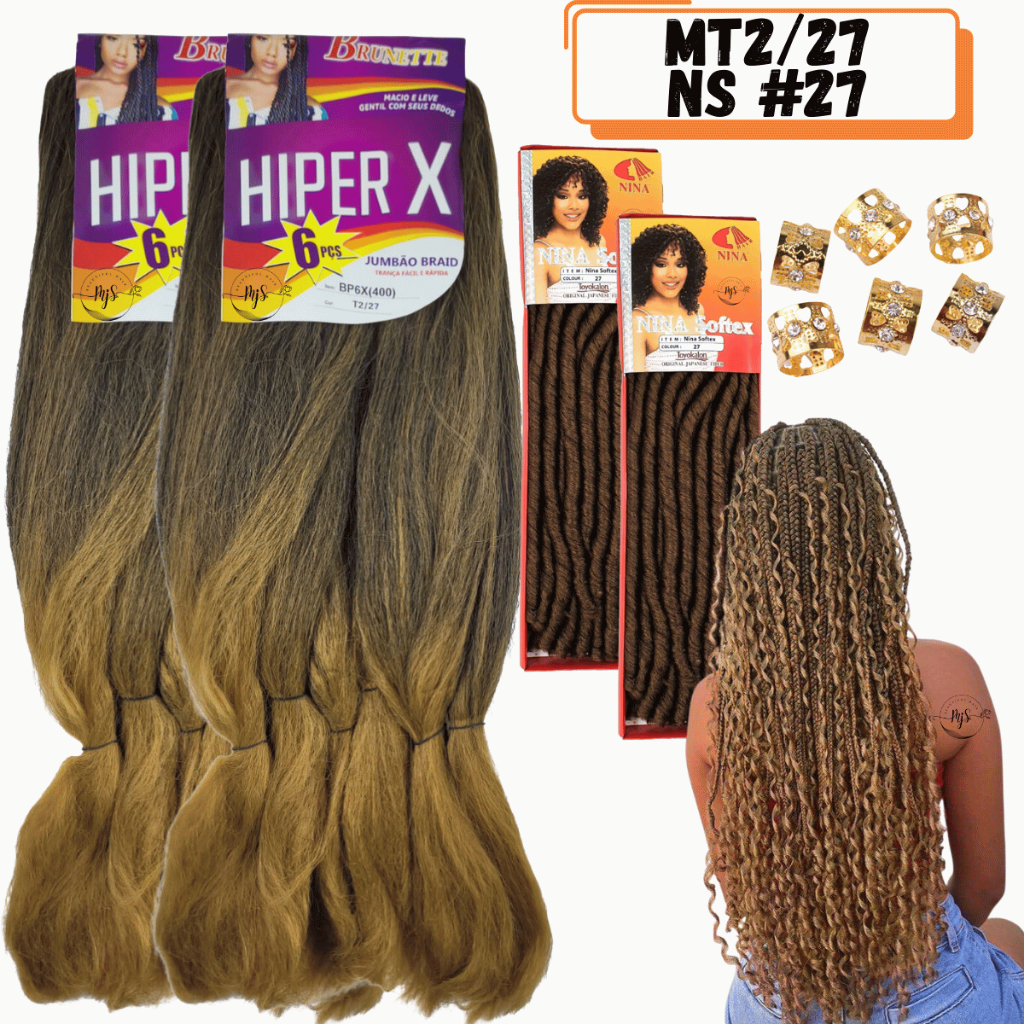 Kit 2 Cabelos Jumbo Jumbão Hiper X Gypsy Braids Kanekalon 400 Gramas + 2 Cabelo Nina Softex Cacheado + Anéis de Enfeite em Oferta na Shopee