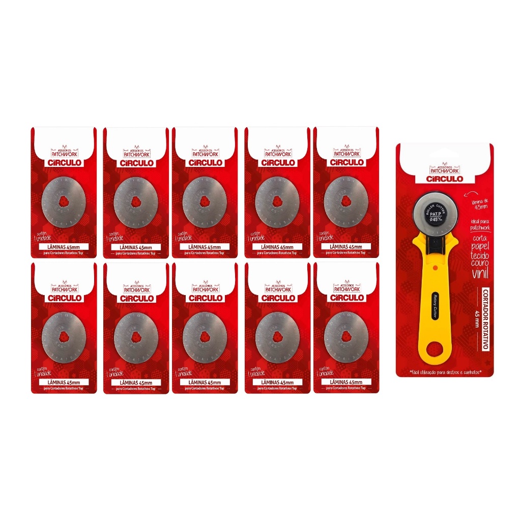 Kit Cortador Rotativo Comfort 45mm Círculo + 10 Lâminas Disco 45mm Circulo | Precisão para Costura