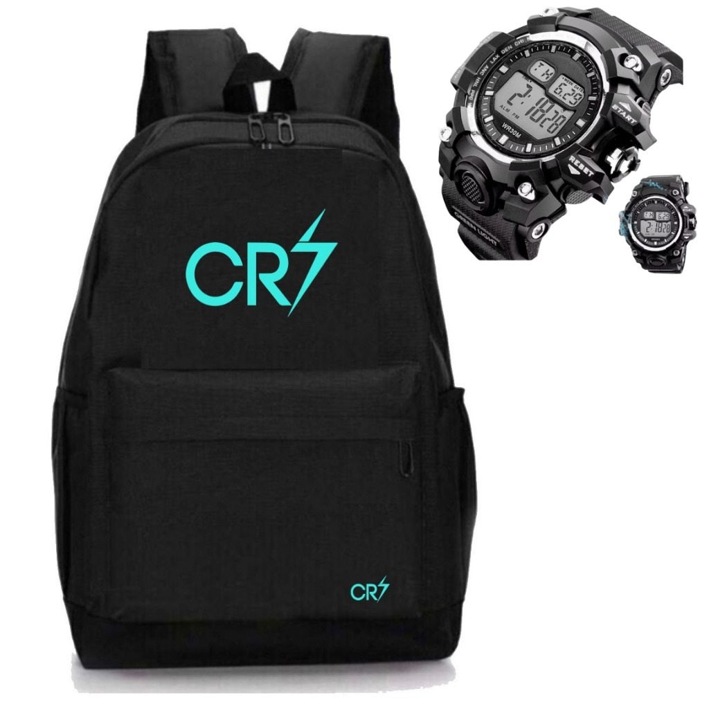 Mochila Escolar CR7 com Bolso Lateral + Relógio G Shk Prova D'água RK 01